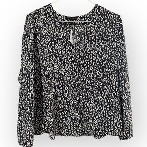 Banana Republic Open Back Blouse Navy Blue White Animal Print Size Large